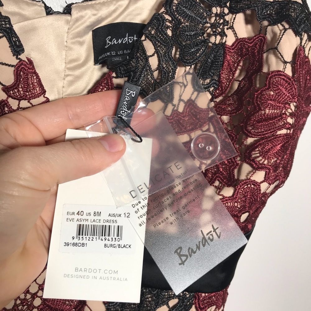 NWT Bardot Eve Asymmetrical Lace Overlay Nude Lining Floral Dress Size US 8 - Picture 5 of 8